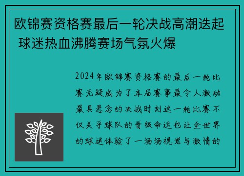 欧锦赛资格赛最后一轮决战高潮迭起 球迷热血沸腾赛场气氛火爆