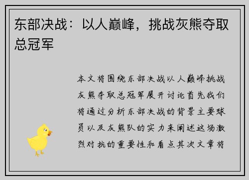 东部决战：以人巅峰，挑战灰熊夺取总冠军