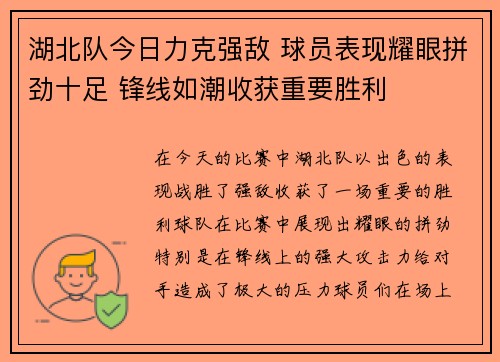 湖北队今日力克强敌 球员表现耀眼拼劲十足 锋线如潮收获重要胜利
